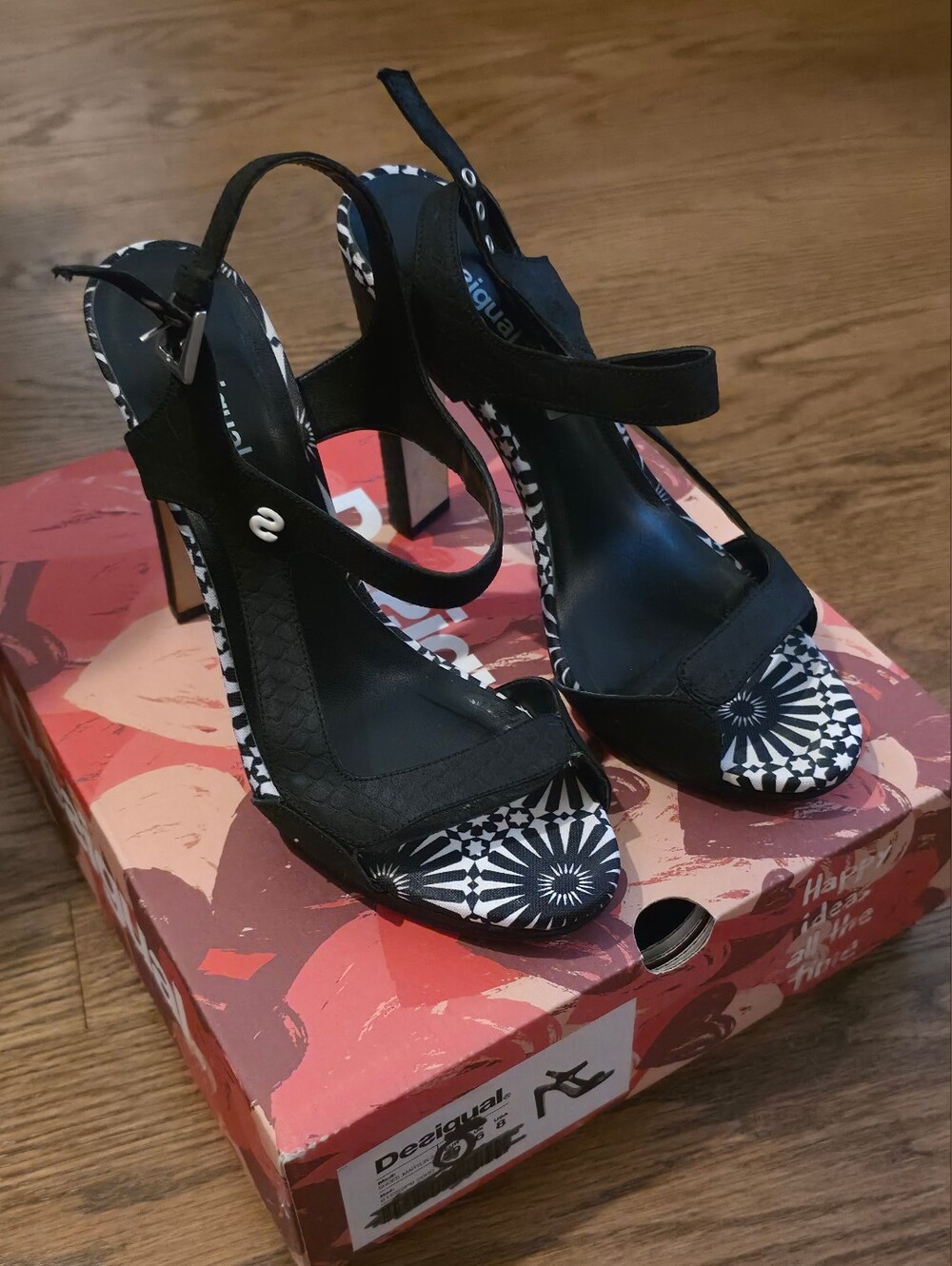 Desigual Black & White Patterned Open-Toe Heels
